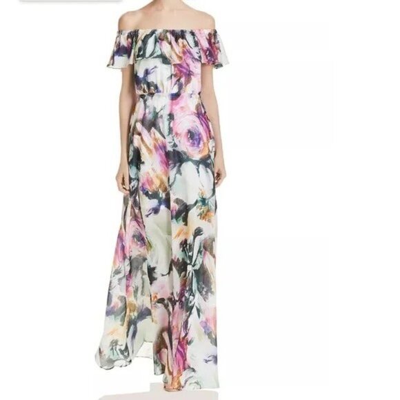 Betsey Johnson Floral Chiffon Ruffle Neckline Off Shoulder Maxi Dress Size 2 - Picture 1 of 11